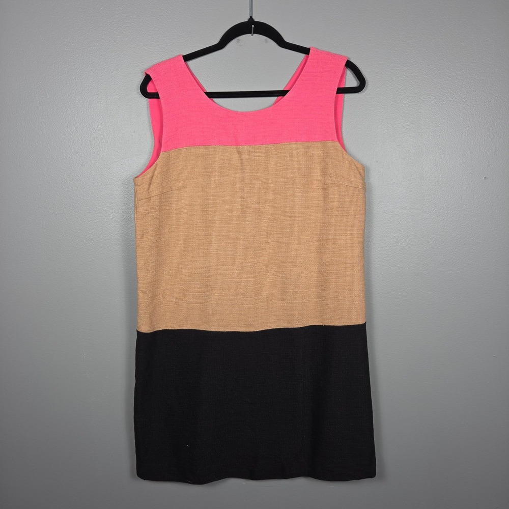 DKNY Women's Size 10 Shift Dress Sleeveless Mod Retro Colorblock Pink Tan Black
